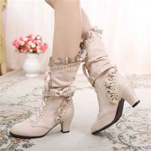 Совершенно новый большой сладкий лук Ruffles Med Heels Shopemaker Gothic Lolita Style Mid Mid Colf Boots Women Shoes 230821