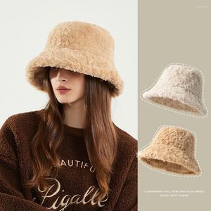 Berets feminino inverno balde chapéus de pelúcia pescador bonés algodão poliéster 54-65cm ajustável cor sólida plana macio quente casual yf0194