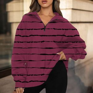Kadın Hoodies Bayan Büyük Yarım Zip Pullover Uzun Kollu Sweatshirt Stripe Baskı Çeyrek Hoodie Sweater Genç Kızlar Sonbahar