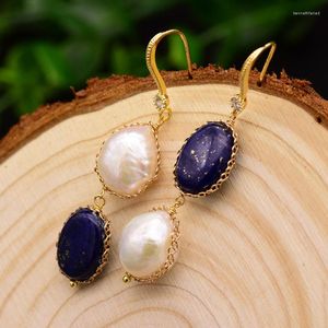 Dangle Earrings Handmade Baroque Freshwater White Pearl Drop Hook For Woman Girl Lapis Lazuli Copper Vintage Jewelry Party Gifts