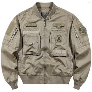 Men's Jackets Vintage Washed Pilot Jacket Multi Pocket Embroidered Badge Cargo Coat Military Tactical Flight For Male