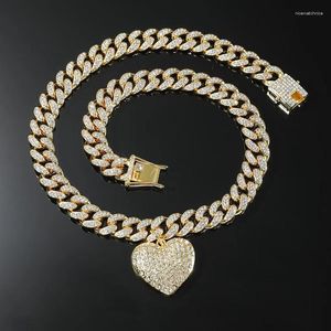 Pendant Necklaces Encrusted Crystal Zircon Cuban Chain Heart Necklace Cool Fashion Women's Men's Jewelry Eco-Friendly Zinc Alloy
