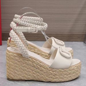 Sandálias de grife moda cunha salto feminino sapatos de sola grossa lafite decorativo tecido couro genuíno tornozelo cinta sapatos de festa de alta qualidade sapatos de marca