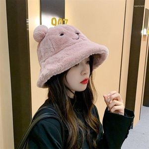 Berets Cute Bear Ear Plush Bucket Hat For Lady Girl Winter Solid Color Soft Thick Warm Fisherman Cap Female Outdoor Windproof