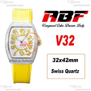 ABF V32 VANGUARD COLOR DREAM SWISSクォーツクロノグラフレディースウォッチレディースダイヤモンドケースモップダイヤルイエローレザーストラップレディースーパーエディションスーパージ