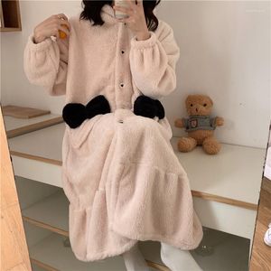 Women's Sleepwear Warm Big Black Bow Korean Flannel Nightgown Women Kawaii Hooded Loose Single Breasted Long Home Clothes Pink