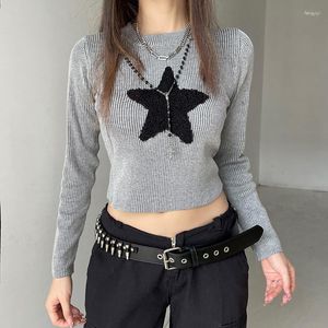 Suéter feminino y2k estrela harajuku suéter crop top cabido manga comprida cinza vintage gola redonda pulôveres de malha estilo coreano camiseta para meninas