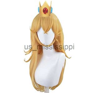 Parrucche Cosplay Parrucca da principessa dorata con frangia Ondulata lunga Parrucca cosplay Halloween Peach Parrucche da festa con corona di pesche x0901