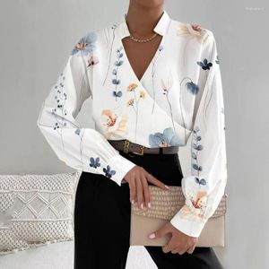 Women's Blouses Fashionable Long Sleeve Blouse Flower Geometric Print Office Stylish Stand Collar V-neck Tops For Autumn Casual