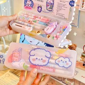 Kawaii Cartoon Pencil Case Transparent Frosted Plastic Pens Storage Box Stationery Office Supplies Gift