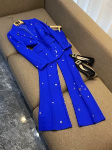 2023 Autumn Blue Metal Hole Two Piece Pants Set Long Sleeve Notched-Lapel Single-Breasted Blazers Top Flare Trousers Pants Suits Set Two Piece Suits O3G302679