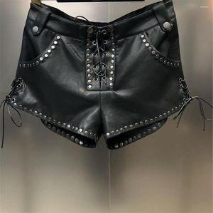 Kvinnors shorts 2023 Autumn Bandage Rivet Decoration Sexig Street Style Pu Leather for Women Rock Women Fashion Y4315