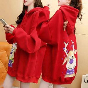 Kvinnors hoodies julröd tröja kvinnor 2023 vinterkoreansk designkänsla älg plus sammet tjock huva mitten av längd kappa