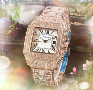 Iced Out Hip Hop Woman Man زوجين الساعات الماس Ring Case Clock Montre de Luxe Square Roman Tank Dial Quartz Movement Automatic Day Date Chain Homelet Watch Watch