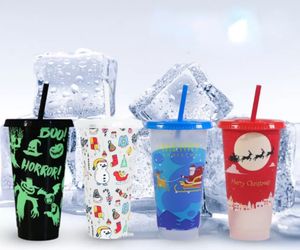 Caneca de Natal de Halloween de 24 onças / 710 ml Copo de água que muda de cor Copo de palha para bebida a frio Copo de palha de frutas Chá PP Copos de plástico sensíveis à temperatura Presente FY5588 AU17