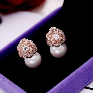 925 Silver Diamond Zircon Camillia Flower Pearl örhängen Utsökta Kvinnor Girls Super Glittering Ins Luxury Crystal Jewelry