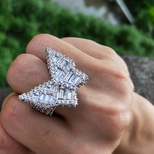 Iced Out Butterfly Ring Moda Hip Hop Gold Silver Mens CZ Jóias de Anéis de Diamante