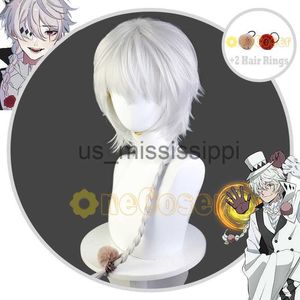 Cosplay-Perücken, Anime Bungo Stray Dogs Staffel 4, Nikolai Gogol Cosplay, weiß-graues Zopfhaar mit 2 Haarringen, hitzebeständige Faserhaar-Perückenkappe x0901