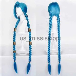 Cosplay شعر مستعار LOL Jinx cosplay wig long braided Blue the Canly Cannon Wig with Blue Braid Have Hair Caps Cap X0901