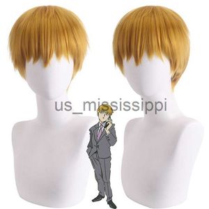 Cosplay Perücken Anime Mob Psycho 100 Arataka Reigen Cosplay Kostüm Perücke Gelb Kurze Hitzebeständige Haar Halloween Party Rollenspiel Perücken Perückenkappe x0901