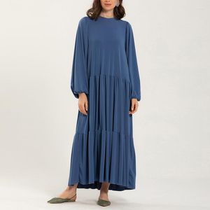 Roupas étnicas Minimalista Plissado Fechado Abaya Redondo Pescoço Vestidos Modest para Mulheres Casual Vestido Muçulmano Cor Sólida Musulmane Femme Vestidos