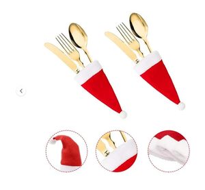 Christmas Santa Hats Silverware Holders Tableware Storage Bag Cutlery & Beer Bottle Covers - Xmas Party Table Decorations & Gift Bags