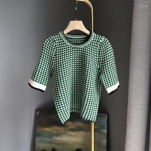 سترات النساء EOS2023 Spring Desgin Green Crew Neck Plaid Top top