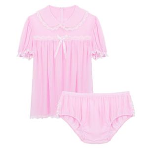 Men Sissy Lingerie Set Erotic Sexy Night Gown Gay Underwear Puff Short Sleeves Chiffon Dress With Panties For Male Crossdressing B196U