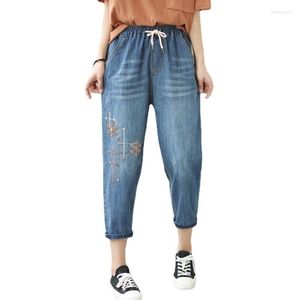 Kvinnors jeans capris 2023 sommar kvinnor vintage broderi y2k streetwear baggy koreanska fashio casual denim byxor