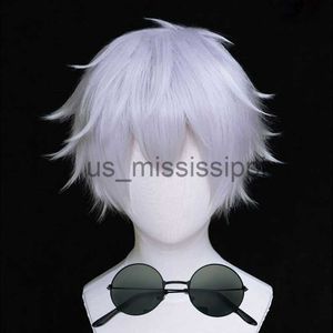 Cosplay perucas anime jujutsu kaisen gojo satoru cosplay peruca óculos curto em camadas prata resistente ao calor perucas de cabelo sintético peruca boné x0901