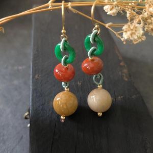 Dangle Earrings 1pcs/lot Natural Coral Jade Chrysanthemum Stone S925 Sterling Silver Dry Green Onyx Handmade Retro Folk-custom