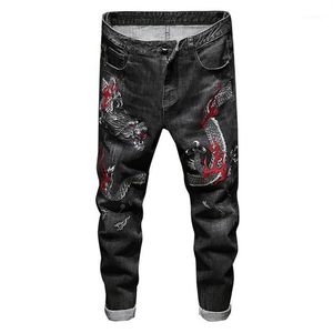 Men's Jeans Men's Chinese Dragon Embroidery Denim Trendy Slim Straight Stretch Pants Black Blue12687