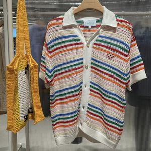 Suéter dos homens High Street Homens Mulheres Casablanca Sweater Rainbow Stripe Hollow Out Manga Curta Tops Casa Camisas de Malha 230831