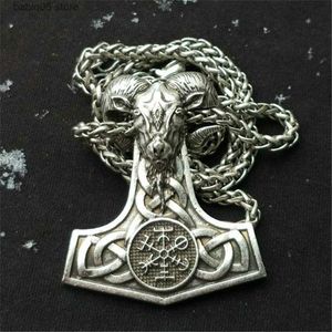 Pendant Necklaces Nordic Vintage Viking Goat Amulet Thor's Hammer Necklace Scandinavian Symbol Vegvisir Valknut Pendant Men's Jewelry T230907