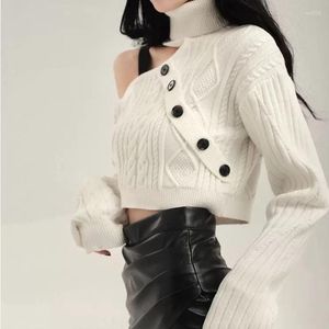 Women's Sweaters Deeptown Y2k Harajuku Turtleneck Cropped White Sweater Women Korean Fashion Off-shoulder Knitted Jumper Kpop Button Up