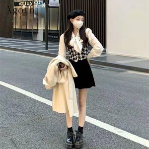 Work Dresses Xgoth 2023 Women Sweet Age Reducing Cardigan Vest Spring Fashion Set Bow Tie Shirt Slim Half Skirt Three Piece Set/single