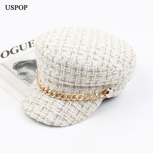Berets USPOP women hats Tweed plaid sboy caps chain flat top visor cap vintage military female autumn winter 230831