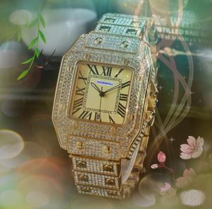 Luxury Men Women Watches Kwarc Bateria Super Square Roman Tank Tarce Zegar mrożony hip -hop bling diamenty pierścień obudowa