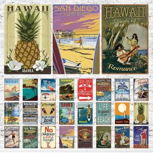 Hawaii Beach Vintage Metal Sign Beach Rules Plaque Seaside Hotel Decoration Sign Bar Club Wall Sticker Seaside Landscape Tin Plate Home Decoration Size 30X20CM w01