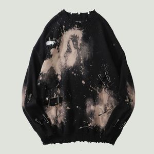 Men's Sweaters Tie Dye Pins Ripped Distressed Destroyed Holes Knitting Hip Hop Streetwear Pullover Sweater Oversized Black Tops 230831