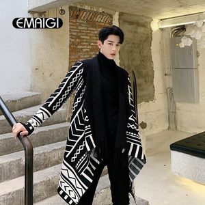 Men's Sweaters Men Long Sleeve Geometric Pattern Tassel No Button Knitted Cardigan Sweater Coat Male Japan Streetwear Jacket Outerwear 230831