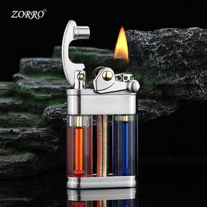 ZORRO Kerosene Lighter Rocker Arm Transparent Double Tube Oil Bunker Grinding Wheel Windproof Smoking Accessories Gadget 92ZT