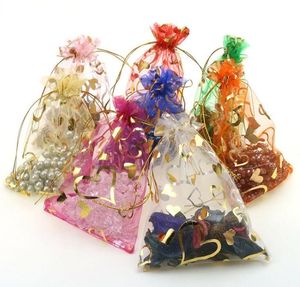 100pcs Gold Heart Organza Packing Bags Jewellery Pouches Wedding Favors Christmas Party Gift Bag ZZ