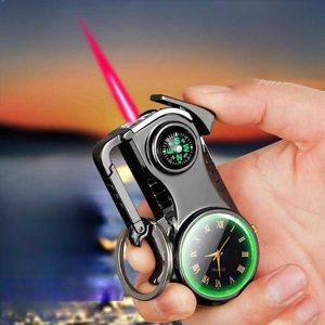 New Outdoor Compass Keychain Inflatable Windproof Lighter Multi-function Watch Bottle Opener Red Flame Butane No Gas Lighters Tool XKR5