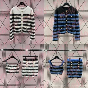 Luxury Knitted Skirt Set Women Long Sleeve Knits Cardigan Stripe Sexy Sling Tank Tops Autumn Winter Designer Dress Set