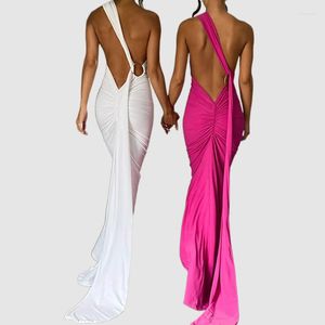 Casual Dresses Sexy rückenfreies Plissee Slim Fit Solides ärmelloses Kleid Frauen Sommer Mode Elegant Party Club Hohe Taille Lang