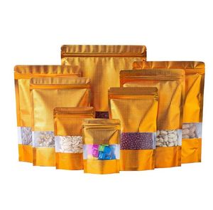 Großhandel Gold Stand Up geprägte Aluminiumfolie selbstklebende Beutel mit Fenster Mylar-Folie Kunststoffbeutel Muttern Sachet Reißverschluss wiederverschließbar