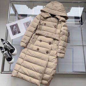 デザイナーレディースダウンコート膝ウエストベルトハイカラーフード付き女性ウィンターコート特別な厚い暖かいジャケットパフジャケット