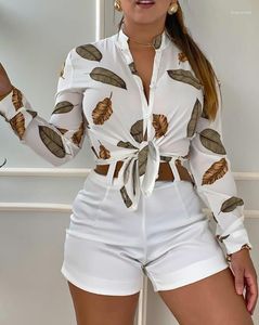 여자 트랙복 패션 캐주얼 반바지 세트 여름 잎 인쇄 버튼 긴 소매 셔츠 기본 휴가 2 조각