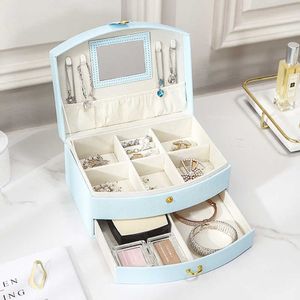 Doublelayer Jewelry Box Portable Organizer Display Travel Case Boxes Button Leather Storage Jewelers Gifts 230814